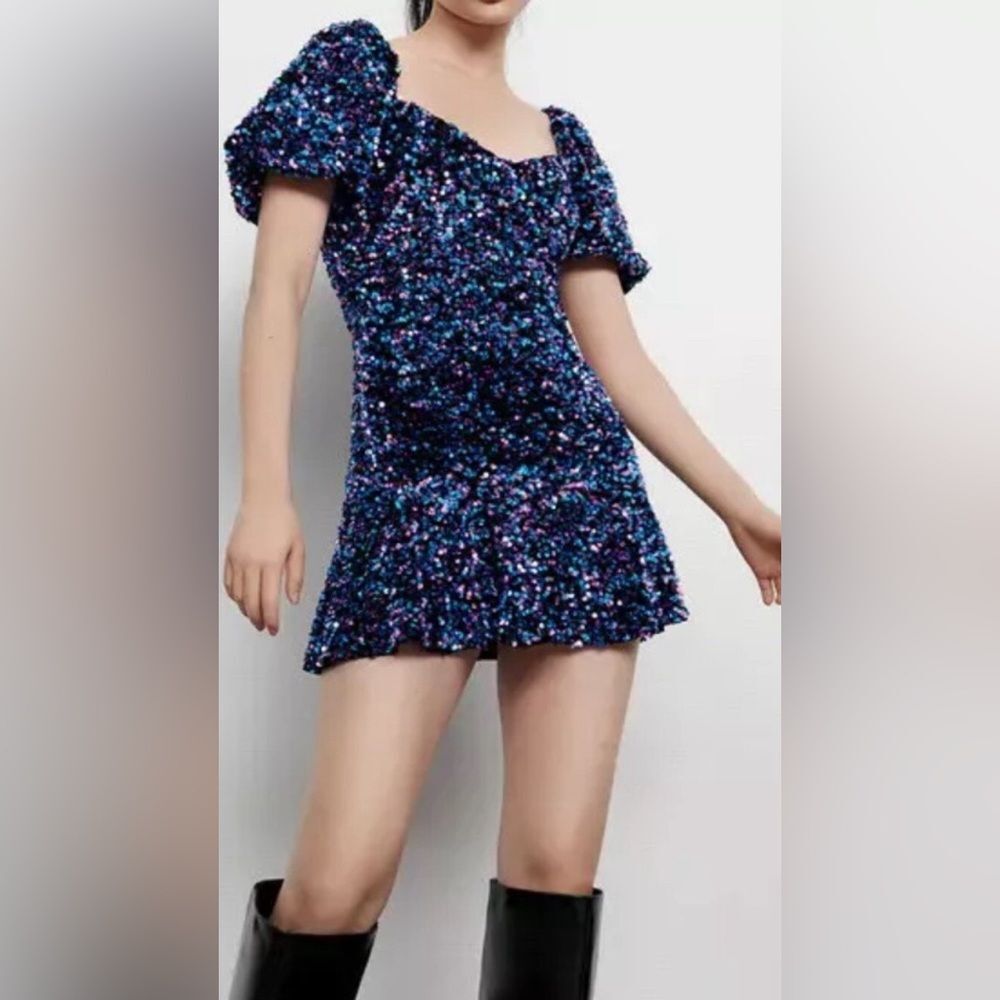 NWT ZARA Blue Sequin Mini Dress sz S